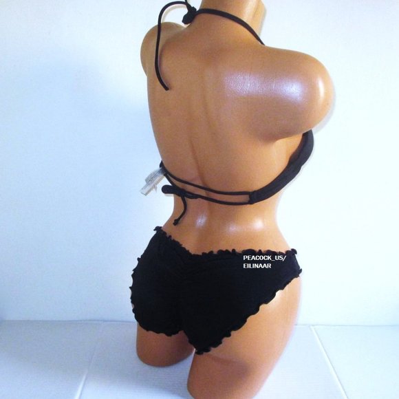 32C/S VICTORIAS SECRET Swim Push-Up Top Bikini Set Ruffle Cheeky Bottom Black - Picture 9 of 11